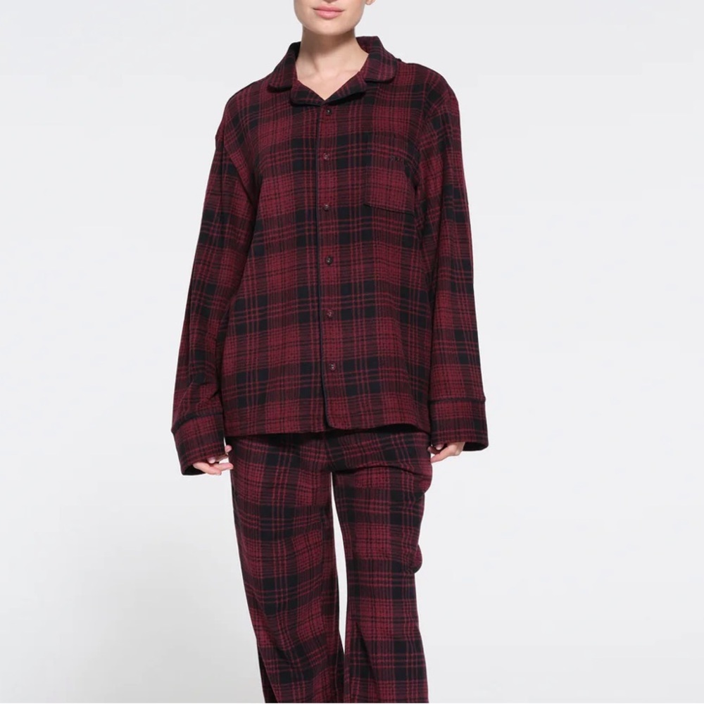 SKIMS Burgundy and Black Plaid Pajama Set